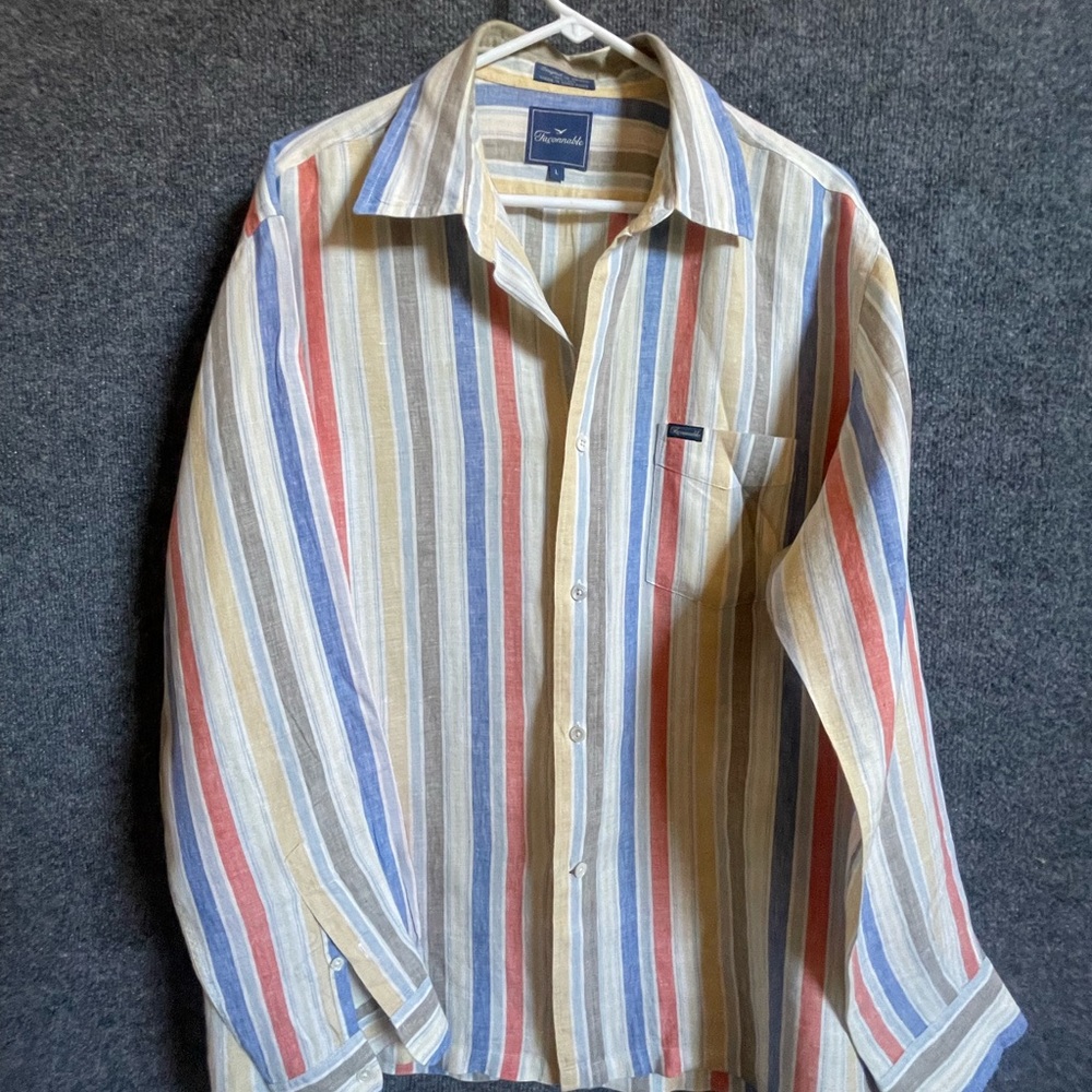 Faconnable Blue and Red Casual Button Down 100% Linen Shirt size Large.
